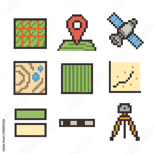 Furrow Mapping Icons. Pixel art icon set of furrow pattern mapping: grid overlay, GPS pin, satellite icon, moisture contour,