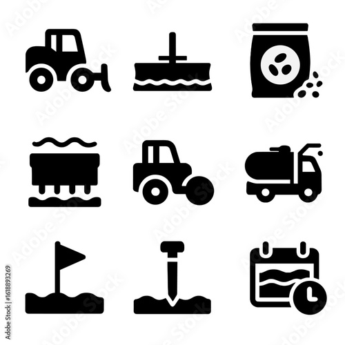 Furrow Restoration Icons. Solid, Filled icon set of furrow restoration techniques: land leveler, grader blade, seed mix bag, soil