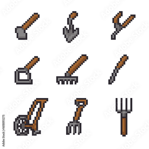 Furrow Tool Icons. Pixel art icon set of furrow cultivation tools: hand hoe, furrower tool, micro-hoe, winged cultivator, stirrup