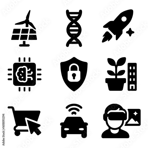 Future Job Sector Icons. Solid, filled icon set of future job sectors: renewable energy, biotechnology, space exploration, AI
