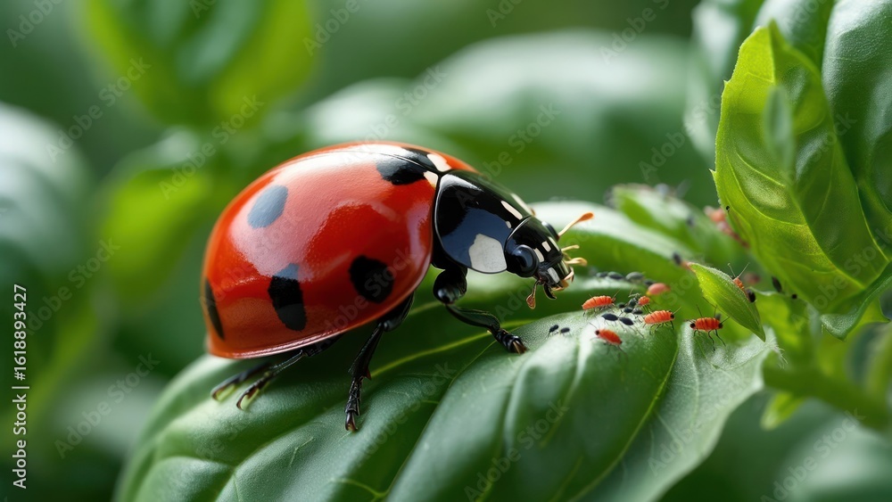 Fototapeta premium Ladybug on basil leaf