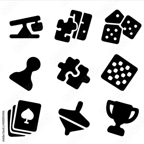 Games Tilt Icon Set. Solid, filled icon set of tilt in games and challenges: tilting balance beam, leaning dominoes, slanting dice