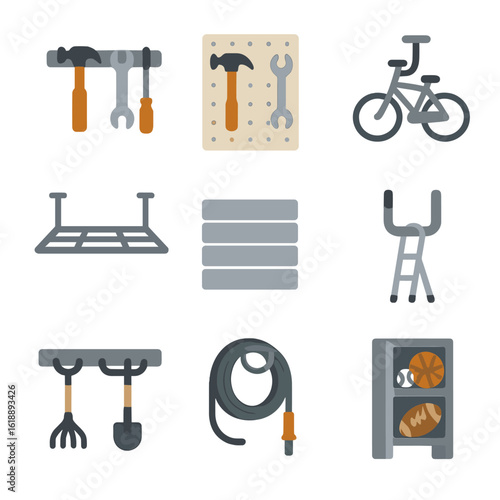 Garage Organization Icons. Flat icon set of garage vertical storage: wall-mounted tool rack, pegboard panel, vertical bike hook,