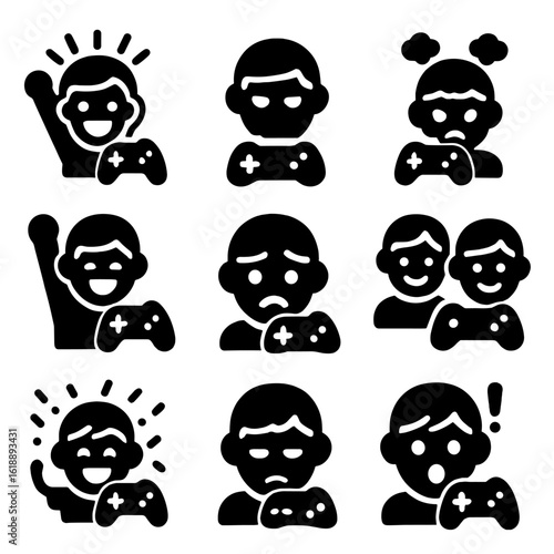 Gaming Emotion Icons. Solid, filled icon set of gaming moods and emotions: excitement, focus, frustration, victory, defeat,