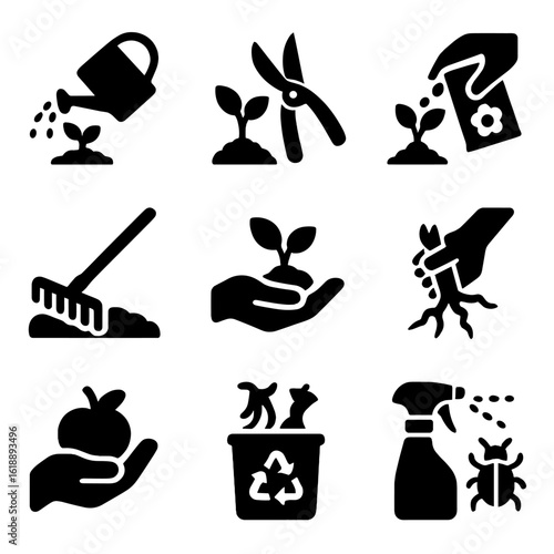 Garden Maintenance Icons. Solid, filled icon set of garden maintenance: watering, pruning, fertilizing, mulching, planting,