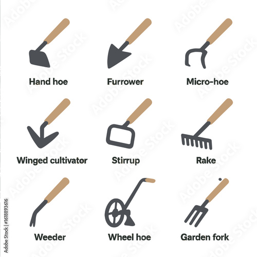 Gardening Tools Icons. Flat icon set of furrow cultivation tools: hand hoe, furrower tool, micro-hoe, winged cultivator, stirrup