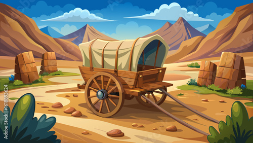 This wooden wagon with a brown top and tan canvas stands beneath open skies and golden light. Semi-realistic details capture historic charm, creaking wood, and soft canvas folds in silence.