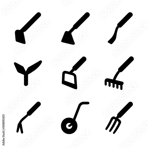 Gardening Tools Icons. Solid, Filled icon set of furrow cultivation tools: hand hoe, furrower tool, micro-hoe, winged cultivator,