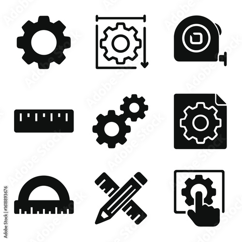 Gear Design Icons. Solid, filled icon set of gear design: gear sketch, diagram, measuring tape, ruler, gears, blueprint,