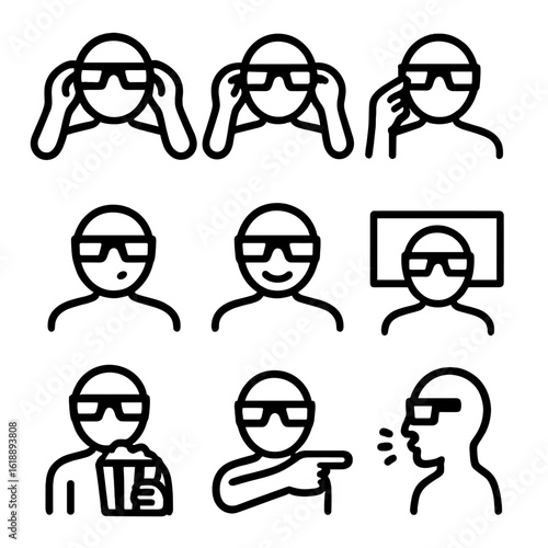 3D Glasses Icon Set. Solid, filled icon set of 3D glasses user actions: putting on glasses, removing glasses, adjusting frame,