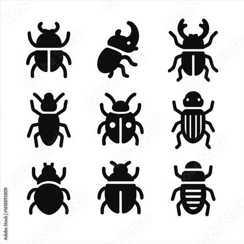 Global Beetle Icon Set. Solid, filled icon set of beetles by region: African dung beetle, Japanese rhinoceros beetle, European