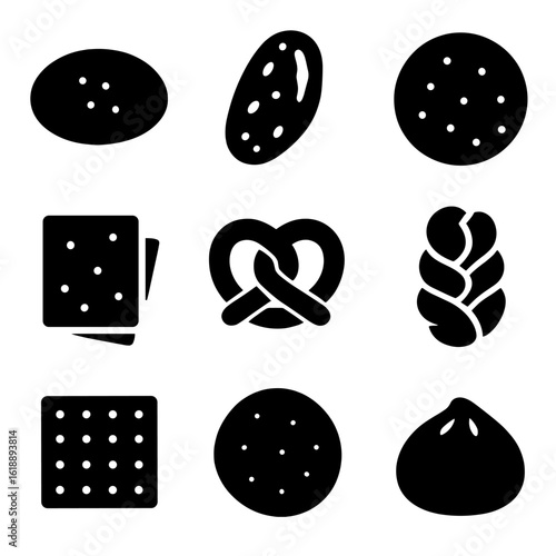 Global Bread Icons. Solid, filled icon set of global bread types: pita, naan, tortilla, lavash, pretzel, challah, matzo, chapati,