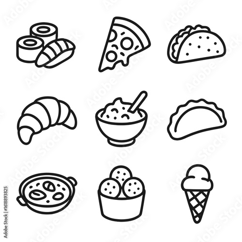Global Cuisine Icons. Outline icon set of national foods: sushi, pizza, tacos, croissant, curry, pierogi, paella, falafel, gelato.