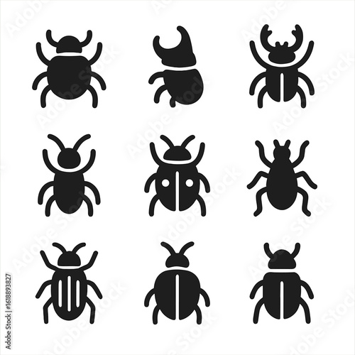Global Beetle Icon Set. Solid, filled icon set of beetles by region: African dung beetle, Japanese rhinoceros beetle, European