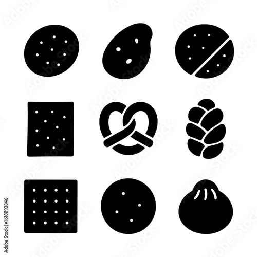 Global Bread Icons. Solid, filled icon set of global bread types: pita, naan, tortilla, lavash, pretzel, challah, matzo, chapati,