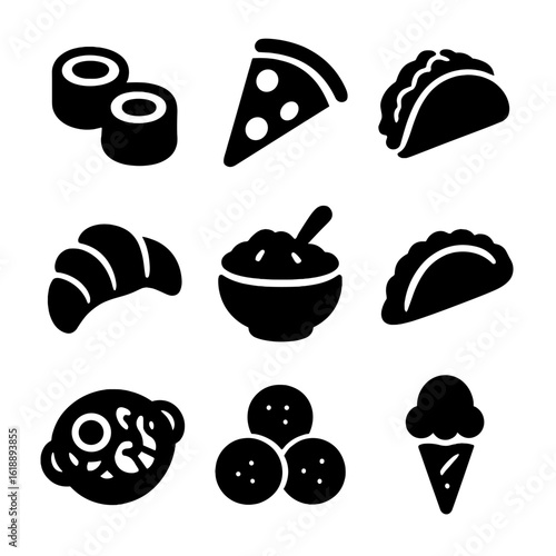 Global Cuisine Icons. Solid, Filled icon set of national foods: sushi, pizza, tacos, croissant, curry, pierogi, paella, falafel,