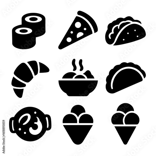 Global Cuisine Icons. Solid, Filled icon set of national foods: sushi, pizza, tacos, croissant, curry, pierogi, paella, falafel,