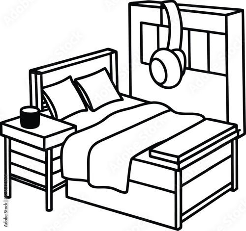 dorm room with headphones on desk and soft bedding