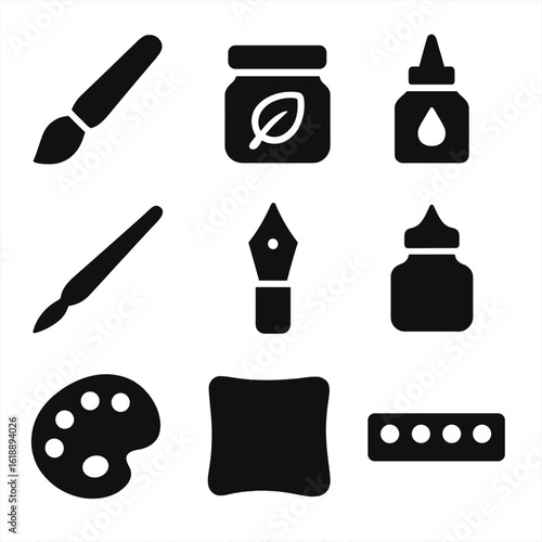 Gold Leaf Tools Icons. Solid, filled icon set of gold leaf calligraphy tools: gilding brush, shell gold jar, adhesive pot,