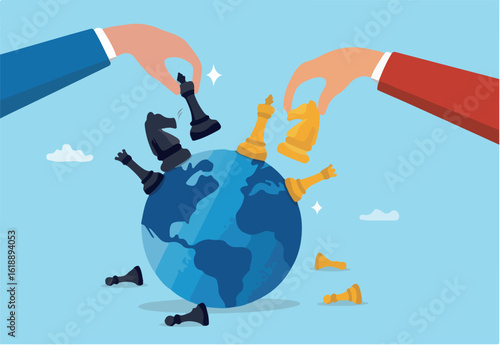 Geopolitics world country trade alliance, diplomacy with superpower nations, relationship or negotiation for trade war, tariff or sanction concept, hand playing chess to win geopolitics trade war