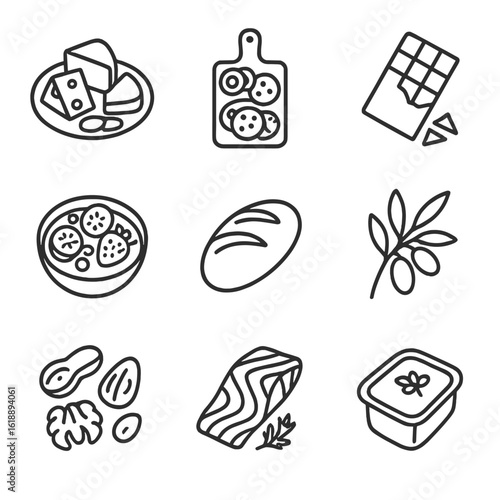 Gourmet Food Icons. Outline icon set of food pairings: cheese platter, charcuterie board, dark chocolate, fruit salad, artisan