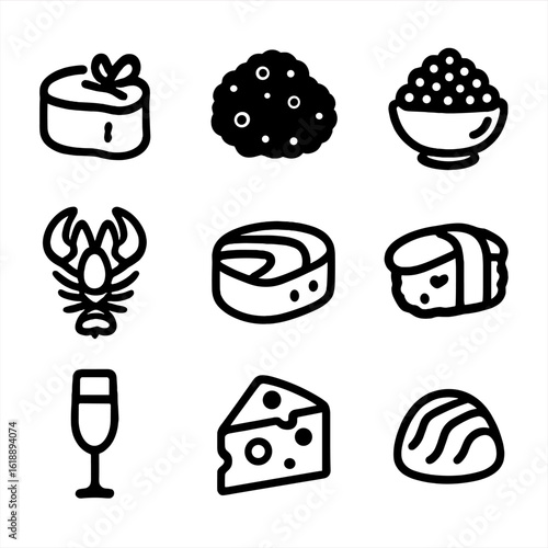 Gourmet Delicacies Icons. Solid, filled icon set of gourmet food: foie gras, truffle, caviar, lobster, filet mignon, sushi,