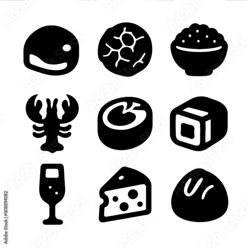 Gourmet Delicacies Icons. Solid, filled icon set of gourmet food: foie gras, truffle, caviar, lobster, filet mignon, sushi,