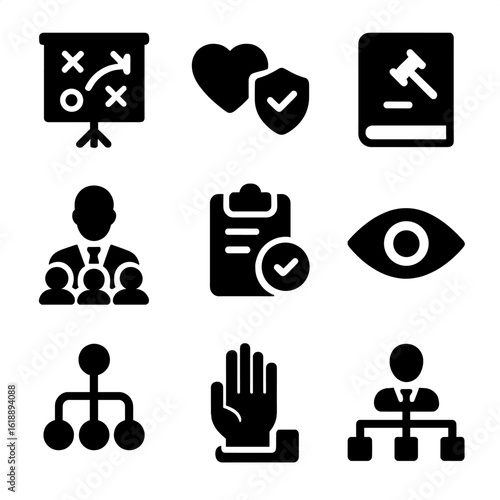 Governance Icon Set. Solid, filled icon set of responsible governance: strategy board, ethical plan, regulation book, leadership
