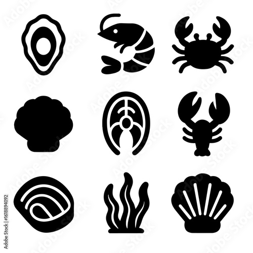 Gourmet Seafood Icons. Solid, filled icon set of gourmet seafood: oyster, shrimp, crab, scallop, salmon, lobster claw, tuna steak,