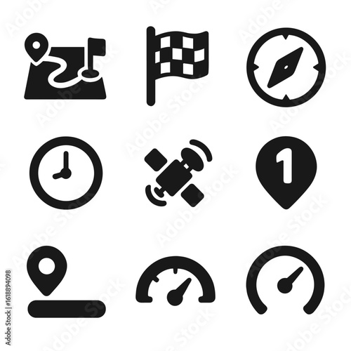GPS Icon Set. Solid, Filled icon set of GPS tracking features: route map, start flag, finish flag, compass, pace indicator,