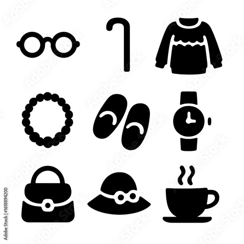 Grandmother's Essentials Icons. Solid, filled icon set of grandmother’s essentials: spectacles, walking cane, cozy sweater, pearl
