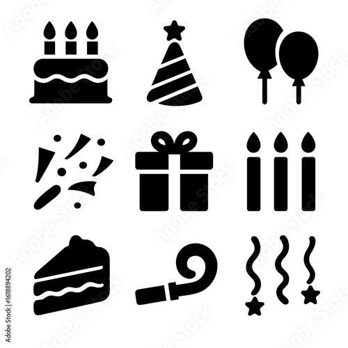Grandchildren's Party Icons. Solid, filled icon set of grandchildren celebrations: birthday cake, party hat, balloons, confetti,