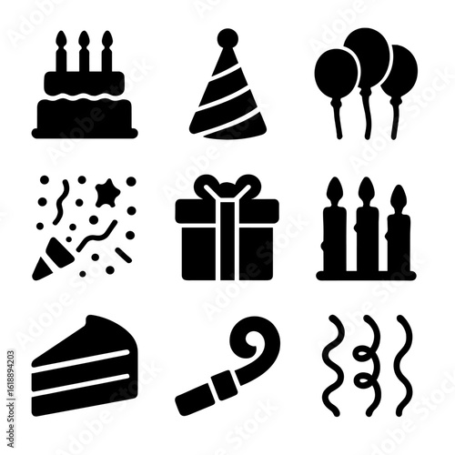 Grandchildren's Party Icons. Solid, filled icon set of grandchildren celebrations: birthday cake, party hat, balloons, confetti,