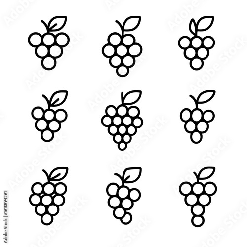Grape Varietal Icons. Outline icon set of grape varietals: Cabernet Sauvignon, Chardonnay, Merlot, Pinot Noir, Sauvignon Blanc,