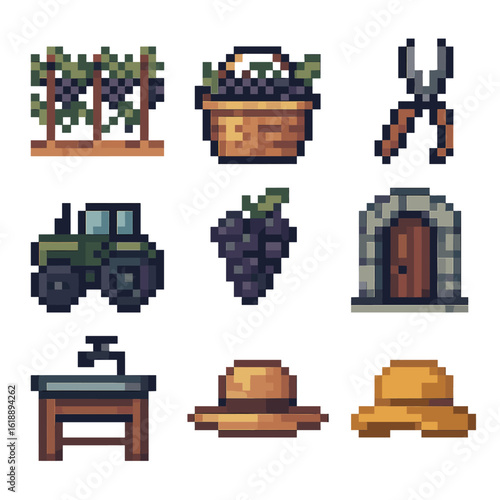 Grape Harvest Icon Set. Pixel art icon set of grape harvesting scenes: vineyard row, grape basket, pruning shears, harvesting