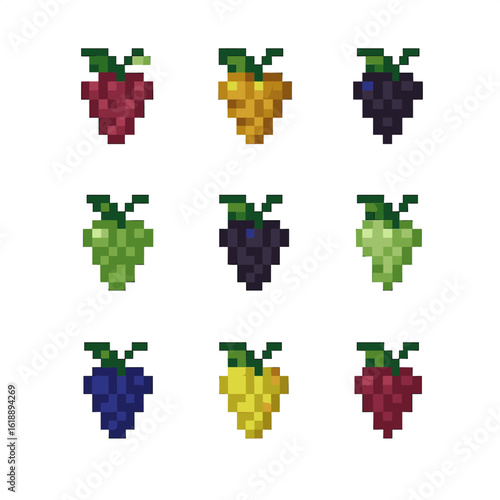 Grape Variety Icons. Pixel art icon set of grape varietals: Cabernet Sauvignon, Chardonnay, Merlot, Pinot Noir, Sauvignon Blanc,