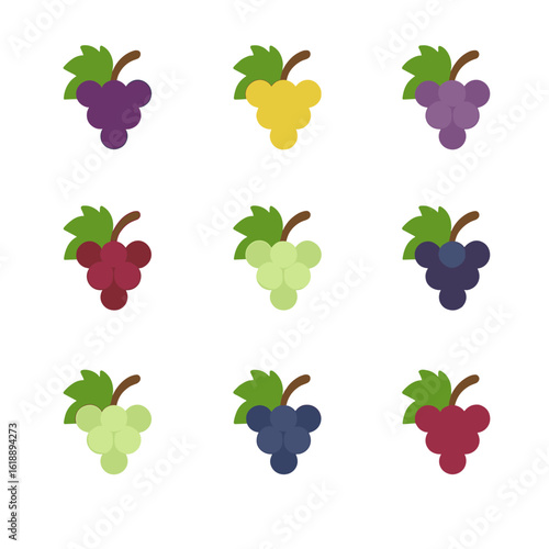 Grape Varietal Icons. Flat icon set of grape varietals: Cabernet Sauvignon, Chardonnay, Merlot, Pinot Noir, Sauvignon Blanc, Syrah