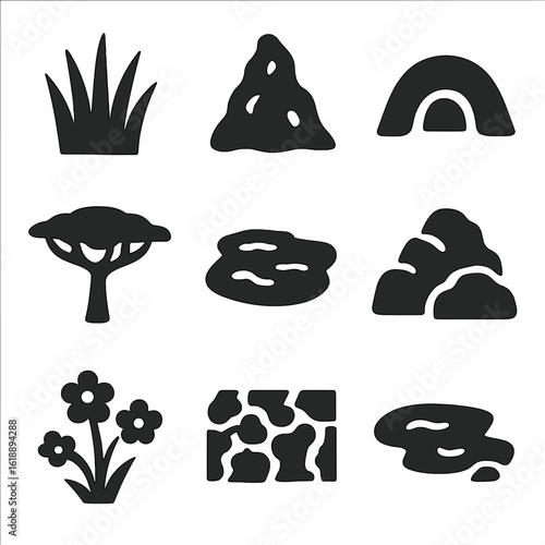 Grassland Habitat Icons. Solid, filled icon set of grassland animal habitats: tall grass, termite mound, burrow, acacia tree,