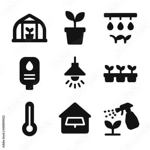 Greenhouse Icons Grid. Solid, filled icon set of greenhouse floriculture: greenhouse frame, potted plant, irrigation system,
