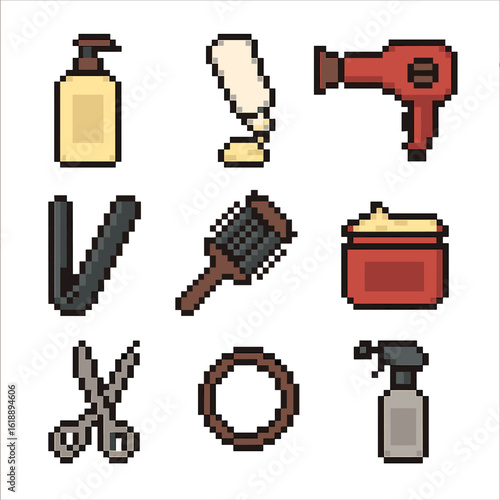 Hair Makeover Icons. Pixel art icon set of hair makeover journey: shampoo bottle, conditioner squeeze, hairdryer, flat iron, round