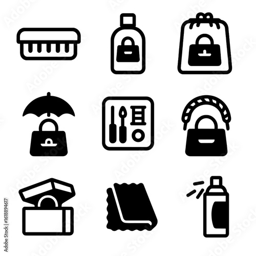 Handbag Care Icons. Solid, filled icon set of handbag care: cleaning brush, leather conditioner, dust bag, rain cover, repair kit,