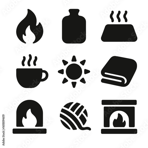 Hand Warmth Icons. Solid, filled icon set of hand warmth symbols: fire flame, hot water bottle, heating pad, warm tea cup, sun