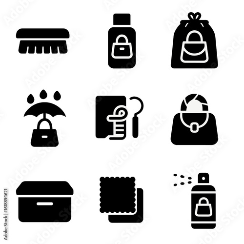 Handbag Care Icons. Solid, filled icon set of handbag care: cleaning brush, leather conditioner, dust bag, rain cover, repair kit,