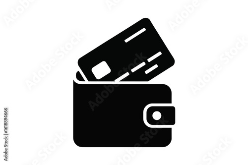 Black wallet with a credit card sticking out of it in a minimalist style illustration