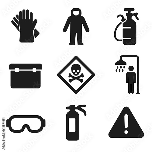 Hazard Safety Icons. Solid, filled icon set of hazardous material handling: safety gloves, protective suit, chemical sprayer,