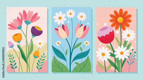 Spring Holiday Floral Card and Poster Set with Hand Drawn Wildflowers Tulips and Daisies, Vector Templates for Women’s Day, Mothers Day, Easter, Birthday, and Seasonal Decoration