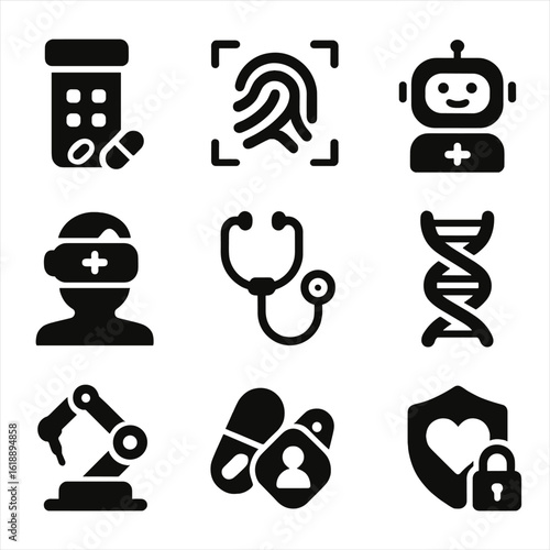 Health Tech Icons. Solid, filled icon set of health tech innovations: smart pill dispenser, biometric sensor, health chatbot, VR