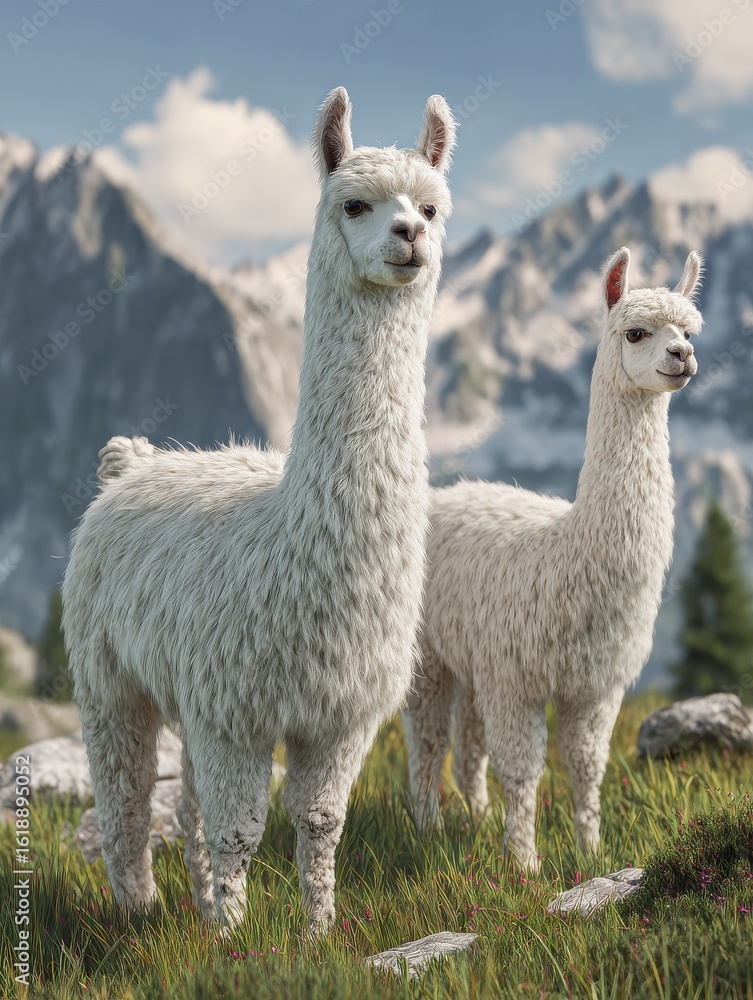 Fototapeta premium two alpacas are standing on a green meadow among green nature, generative AI