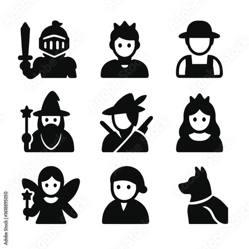 Heroic Icons Grid. Solid, filled icon set of heroic fairy-tale figures: brave knight, noble prince, clever peasant, wise wizard,