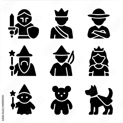 Heroic Icons Grid. Solid, filled icon set of heroic fairy-tale figures: brave knight, noble prince, clever peasant, wise wizard,